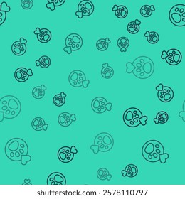 Black line Heart with animals footprint icon isolated seamless pattern on green background. Pet paw in heart. Love to the animals.  Vector