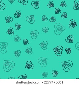 Black line Heart with cat icon isolated seamless pattern on green background. Love to the animals.  Vector