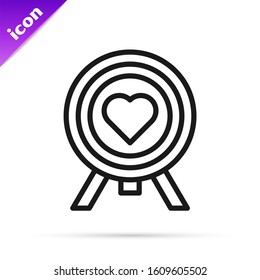 Black line Heart in the center of darts target aim icon isolated on white background. Valentines day.  Vector Illustration