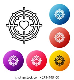 Black line Heart in the center of darts target aim icon isolated on white background. Valentines day. Set icons colorful circle buttons. Vector Illustration