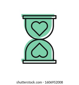 Black line Heart in the center old hourglass icon isolated on white background. Valentines day.  Vector Illustration