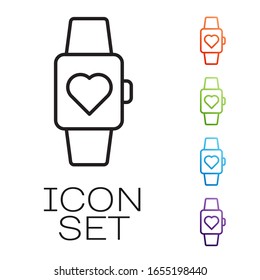 Black line Heart in the center wrist watch icon isolated on white background. Valentines day. Set icons colorful. Vector Illustration