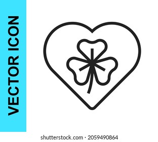 Black line Heart with clover trefoil leaf icon isolated on white background. Happy Saint Patricks day. National Irish holiday.  Vector