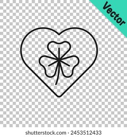 Schwarze Linie Herz mit Kleeblatt Blatt Symbol isoliert auf transparentem Hintergrund. Frohen St. Patricks Tag. In: National Irish Holiday.  Vektorgrafik