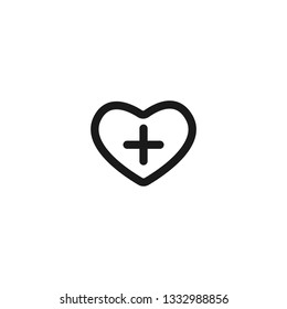 Black line heart with  cross. Heart health month flat icon. Isolated on white. Vector illustration. Health care medical symbol.  Pharmacy, drugstore,  diagnostics services logo.