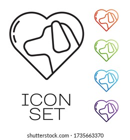 Black line Heart with dog icon isolated on white background. Pet paw in heart. Love to the animals. Set icons colorful. Vector Illustration