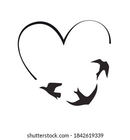 Black line heart, flying birds. Vector illustration sign.
