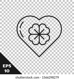 Black line Heart with four leaf clover icon isolated on transparent background. Happy Saint Patrick day.  Vector Illustration