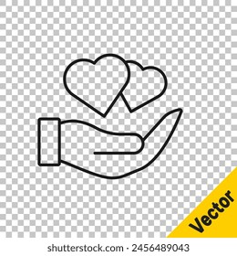 Black line Heart in hand icon isolated on transparent background. Hand giving love symbol. Valentines day symbol.  Vector