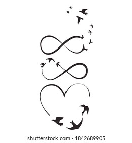 Black Line Heart, Infinity Sign, Flying Birds. Vector Illustration Sign.