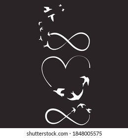 Black line heart, infinity sign, flying birds. Vector illustration sign.