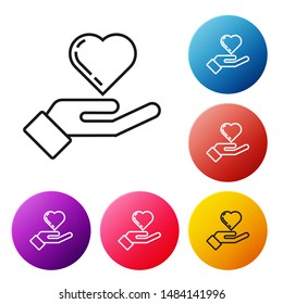 Black line Heart on hand icon isolated on white background. Hand giving love symbol. Set icons colorful circle buttons. Vector Illustration