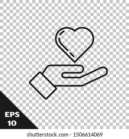 Black line Heart on hand icon isolated on transparent background. Hand giving love symbol.  Vector Illustration