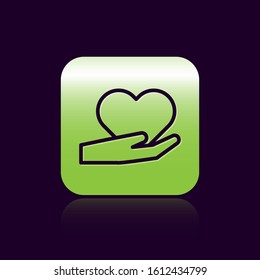 Black line Heart on hand icon isolated on black background. Hand giving love symbol. Valentines day symbol. Green square button. Vector Illustration