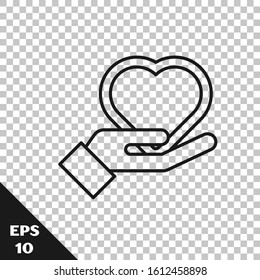 Black line Heart on hand icon isolated on transparent background. Hand giving love symbol. Valentines day symbol.  Vector Illustration