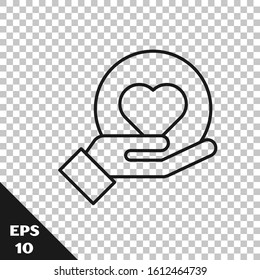 Black line Heart on hand icon isolated on transparent background. Hand giving love symbol.  Vector Illustration