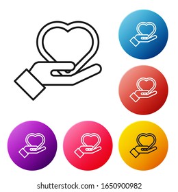 Black line Heart on hand icon isolated on white background. Hand giving love symbol. Valentines day symbol. Set icons colorful circle buttons. Vector Illustration