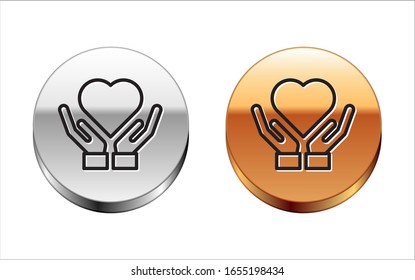 Black line Heart on hand icon isolated on white background. Hand giving love symbol. Valentines day symbol. Silver-gold circle button. Vector Illustration