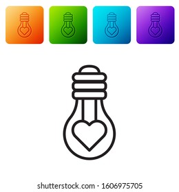 Black line Heart shape in a light bulb icon isolated on white background. Love symbol. Valentine day symbol. Set icons in color square buttons. Vector Illustration