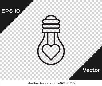 Black line Heart shape in a light bulb icon isolated on transparent background. Love symbol. Valentine day symbol.  Vector Illustration