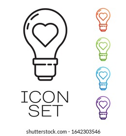 Black line Heart shape in a light bulb icon isolated on white background. Love symbol. Valentine day symbol. Set icons colorful. Vector Illustration