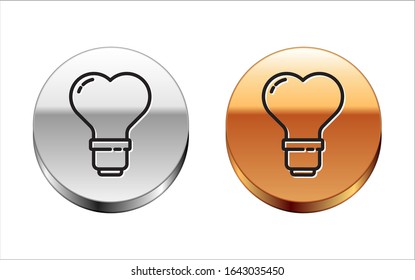 Black line Heart shape in a light bulb icon isolated on white background. Love symbol. Valentine day symbol. Silver-gold circle button. Vector Illustration