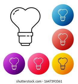 Black line Heart shape in a light bulb icon isolated on white background. Love symbol. Valentine day symbol. Set icons colorful circle buttons. Vector Illustration