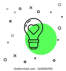 Black line Heart shape in a light bulb icon isolated on white background. Love symbol. Valentine day symbol.  Vector Illustration