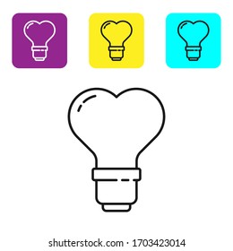 Black line Heart shape in a light bulb icon isolated on white background. Love symbol. Valentine day symbol. Set icons colorful square buttons. Vector Illustration