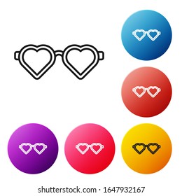Black line Heart shaped love glasses icon isolated on white background. Suitable for Valentine day card design. Set icons colorful circle buttons. Vector Illustration