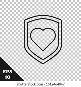 Black line Heart with shield icon isolated on transparent background. Love symbol. Security, safety, protection, protect concept. Valentines day.  Vector Illustration