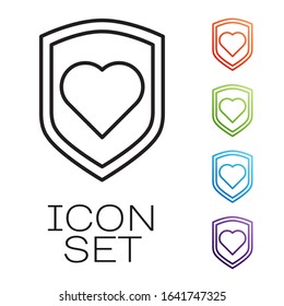 Black line Heart with shield icon isolated on white background. Love symbol. Security, safety, protection, protect concept. Valentines day. Set icons colorful. Vector Illustration