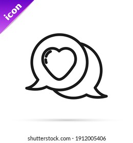 Black line Heart in speech bubble icon isolated on white background.  Vector