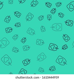 Black line Heart tag icon isolated seamless pattern on green background. Love symbol. Valentine day symbol.  Vector Illustration