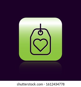 Black line Heart tag icon isolated on black background. Love symbol. Valentine day symbol. Green square button. Vector Illustration