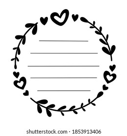Black line hearts leaves circle frame. Line in for message like notepaper. On white silhouette use to cut file. Vector illustration about stationery.