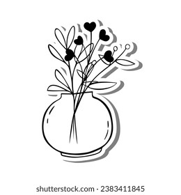 Black line Hearts Leaves in Round Jar on white silhouette and gray shadow. Hand drawn cartoon style. Vector illustration for decorate and any design