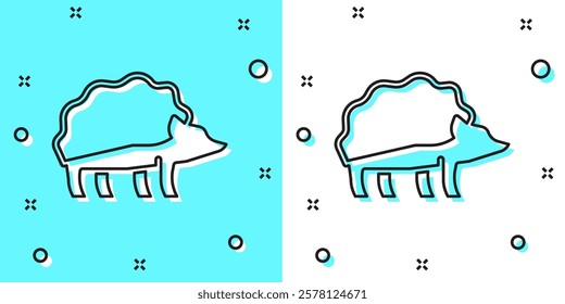 Black line Hedgehog icon isolated on green and white background. Animal symbol. Random dynamic shapes. Vector