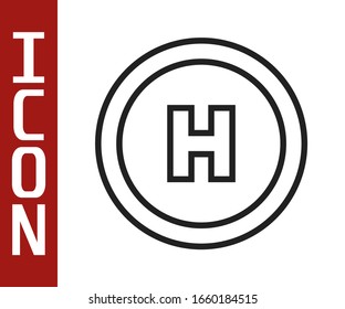 Black line Helicopter landing pad icon isolated on white background. Helipad, area, platform, H letter.  Vector Illustration