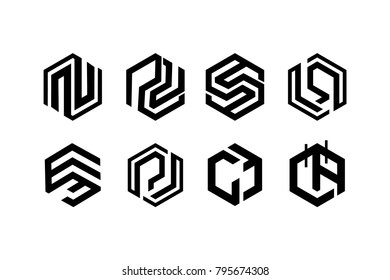 Black line hexagon logo template, Initial logo 