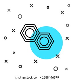 Schwarze Linie Hexagonal-Metall-Nuss-Symbol einzeln auf weißem Hintergrund. Zufällige dynamische Formen. Vektorillustration-Illustration