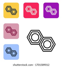 Schwarze Linie Hexagonal-Metall-Nuss-Symbol einzeln auf weißem Hintergrund. Die Symbole werden in den Tasten für das Farbquadrat eingestellt. Vektorillustration-Illustration