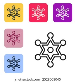 Black line Hexagram sheriff icon isolated on white background. Police badge icon. Set icons in color square buttons. Vector