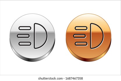 Schwarze Linie High beam Symbol einzeln auf weißem Hintergrund. Autoscheinwerfer. Silbergoldknöpfe. Vektorillustration-Illustration