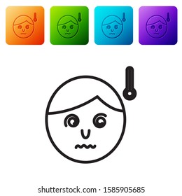 Black line High human body temperature or get fever icon isolated on white background. Disease, cold, flu symptom. Set icons in color square buttons. Vector Illustration