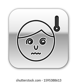 Black line High human body temperature or get fever icon isolated on white background. Disease, cold, flu symptom. Silver square button. Vector Illustration