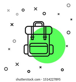 Black line Hiking backpack icon isolated on white background. Camping and mountain exploring backpack.  Vector Illustration