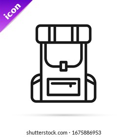 Schwarze Linie Wanderrucksack Symbol einzeln auf weißem Hintergrund. Camping und Berg Erkundung Rucksack. Vektorillustration-Illustration
