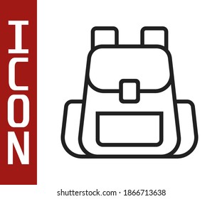 Black line Hiking backpack icon isolated on white background. Camping and mountain exploring backpack.  Vector