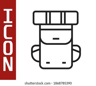 Black line Hiking backpack icon isolated on white background. Camping and mountain exploring backpack.  Vector